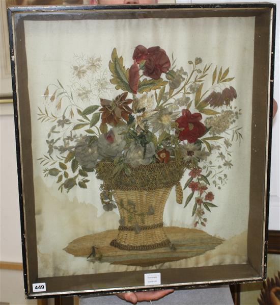 An early Victorian silk and woolwork panel depicting flowers in a basket, 60 x 51cm